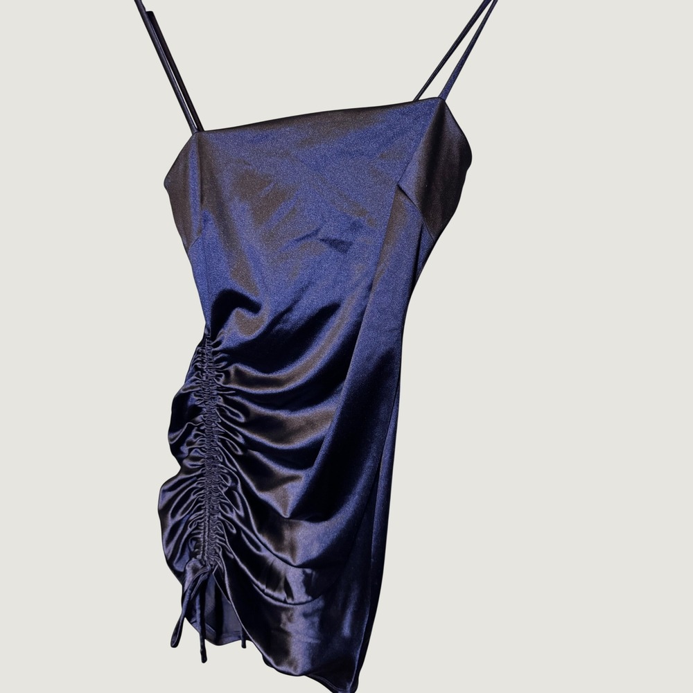 Windsor Navy Blue Satin Ruched Mini Dress Spaghetti Strap Bodycon Square Neck